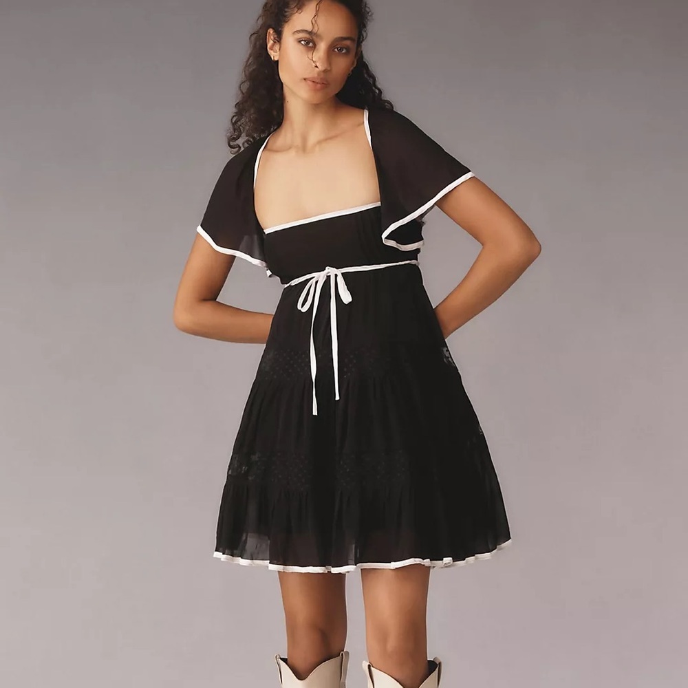 Anthropologie Maeve Flutter-Sleeve Bow Babydoll Mini Dress NWT Size XL In Black